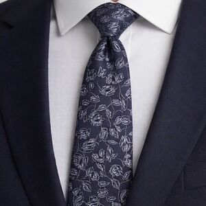 Tommy Hilfiger Mens Navy Blue Silver Floral‎ Silk Blend Woven Necktie Tie Preppy